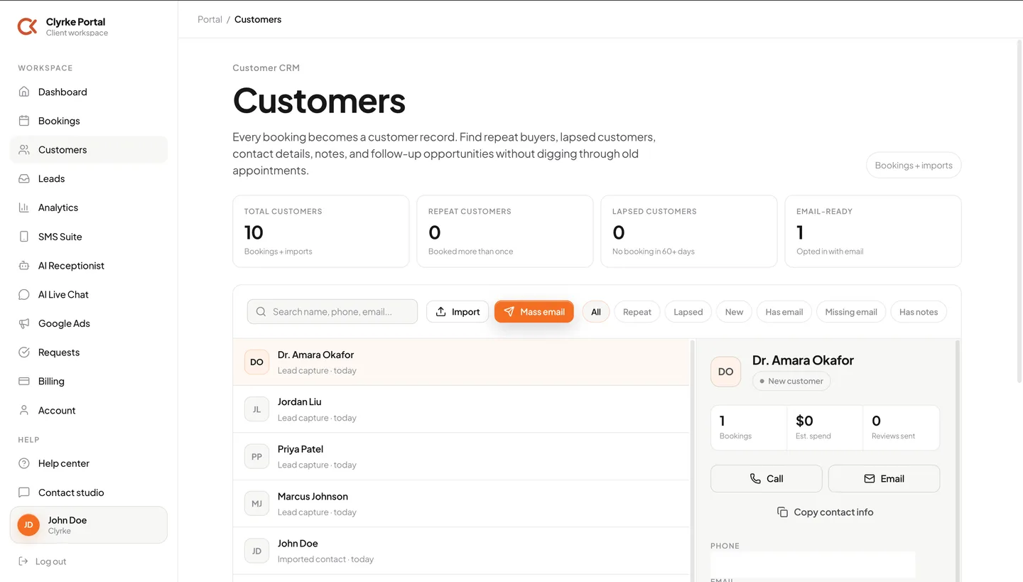 Customer CRM in the Clyrke portal