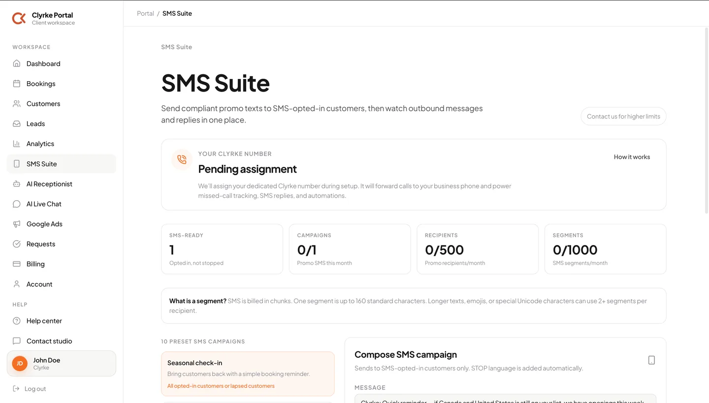 SMS suite in the Clyrke portal